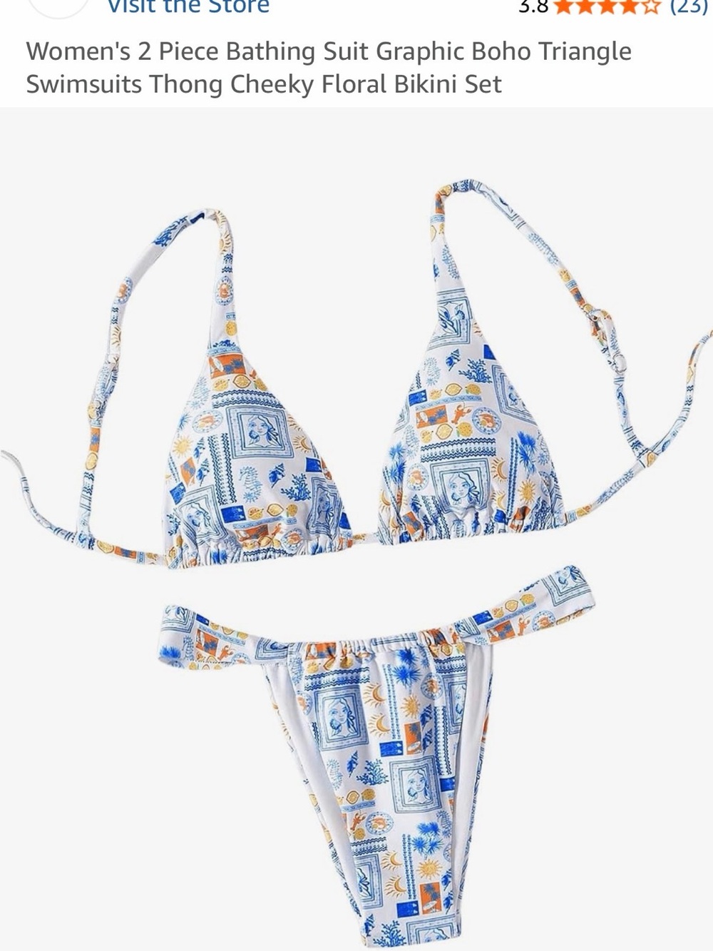 Boho Tile-Print Triangle Bikini in White, Blue & Orange